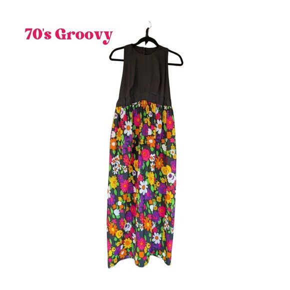 Vintage 70's Handmade Bright Floral Maxi Halter Dress Size Small - Picture 1 of 9